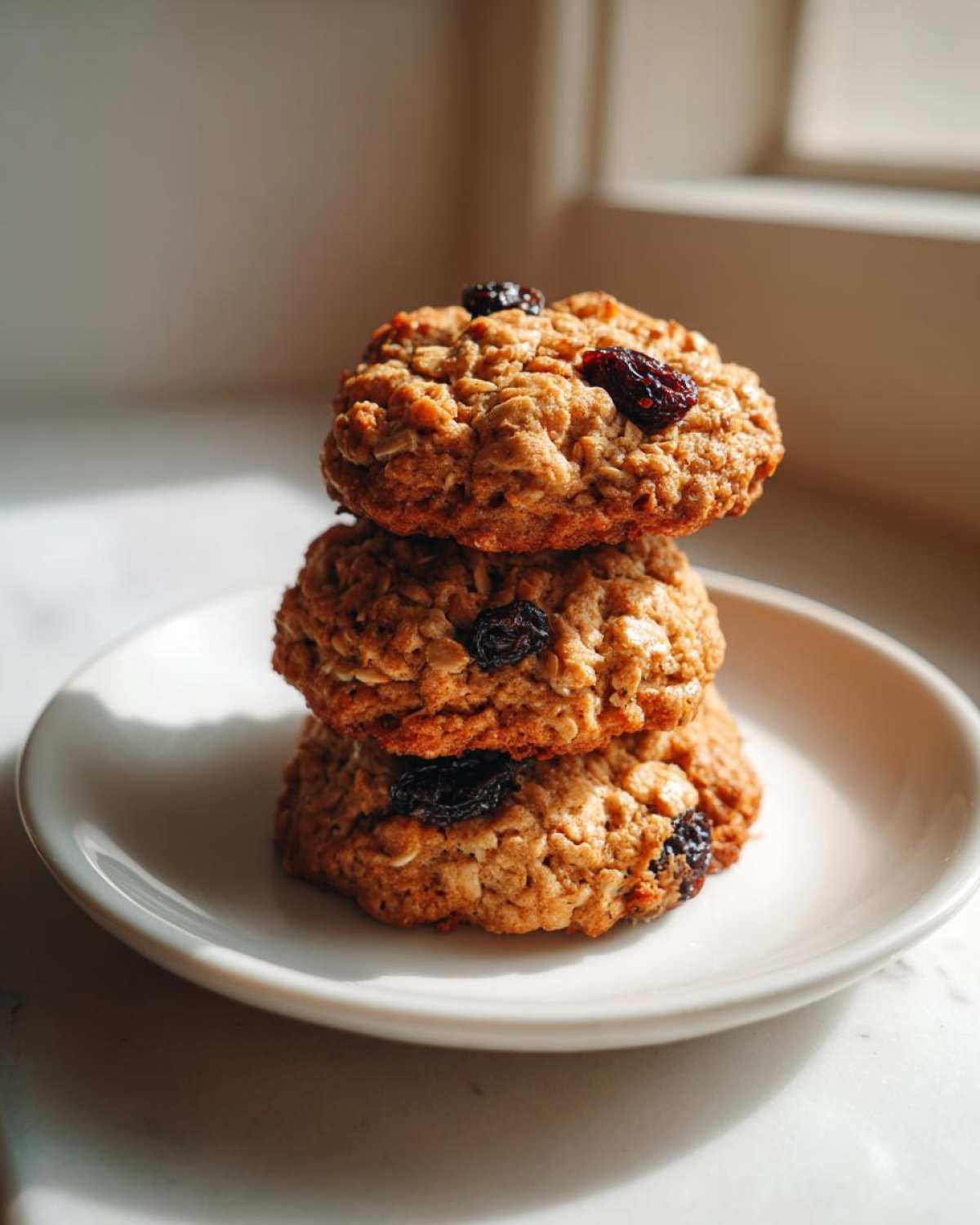 Three soft oatmeal raisin cookies stacked on a small white plate, highlighted by bright sunlight.