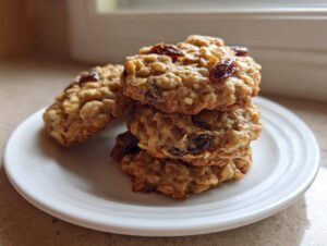 A close-up stack of three soft oatmeal raisin cookies resting on a white plate, showcasing visible oats and plump raisins.