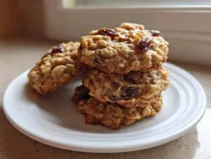 A close-up stack of three soft oatmeal raisin cookies resting on a white plate, showcasing visible oats and plump raisins.