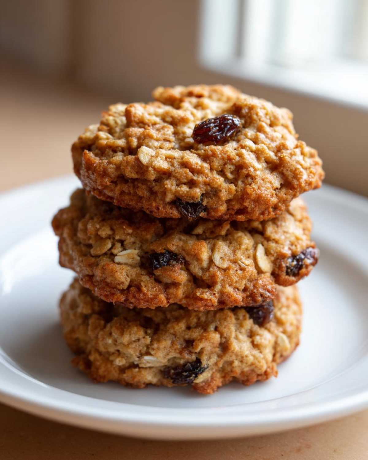 A stack of three golden brown, chewy oatmeal raisin cookies resting on a white plate.