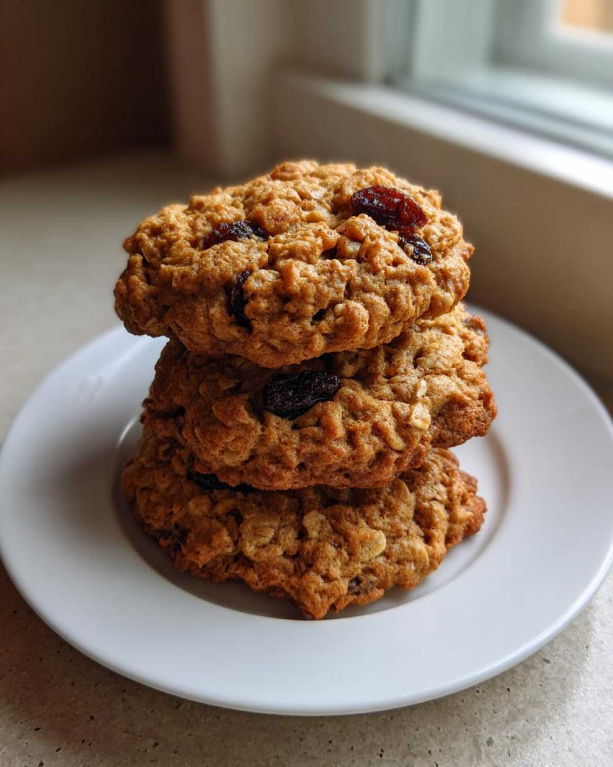 A stack of three soft and chewy oatmeal raisin cookies resting on a white plate near a window.