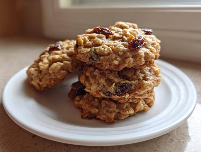 A close-up stack of three soft oatmeal raisin cookies resting on a white plate, showcasing visible oats and plump raisins.