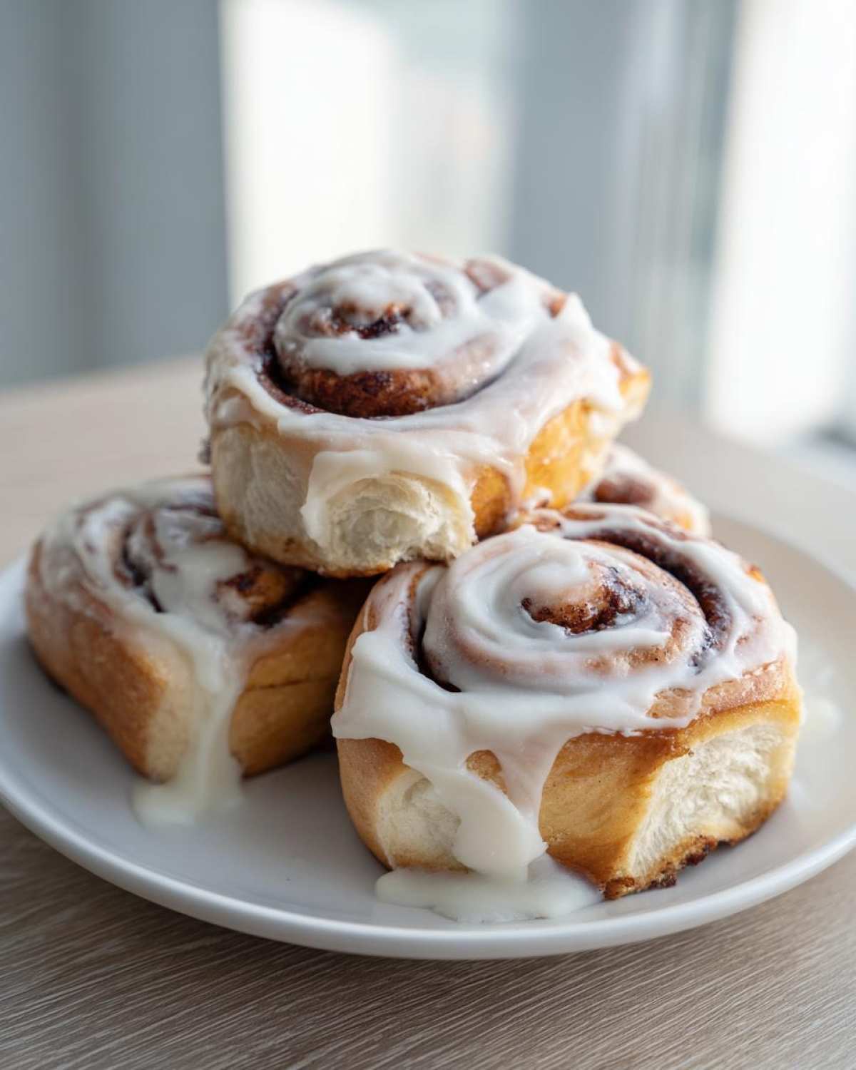 A stack of four fluffy sourdough discard cinnamon rolls generously covered in white icing, sitting on a white plate.