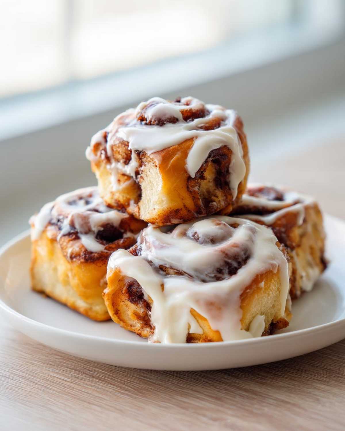 A stack of four fluffy sourdough discard cinnamon rolls generously topped with white cream cheese icing.