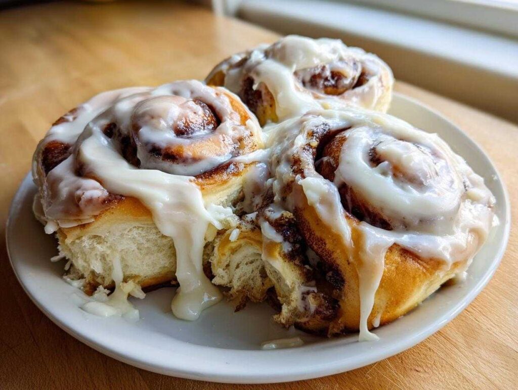 Close-up of three fluffy sourdough discard cinnamon rolls generously topped with white icing, served on a white plate.
