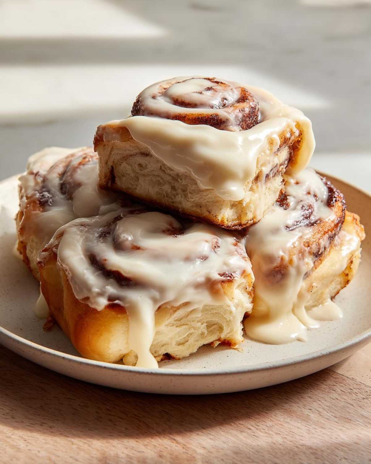 A stack of four fluffy sourdough discard cinnamon rolls generously topped with dripping white cream cheese icing.