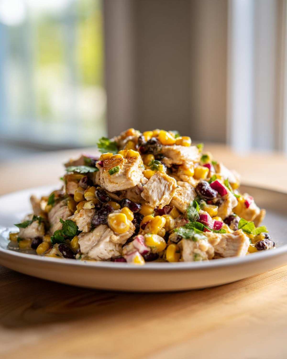 A close-up, appetizing mound of Southwestern chicken salad featuring diced chicken, yellow corn, black beans, and red onion, garnished with cilantro.