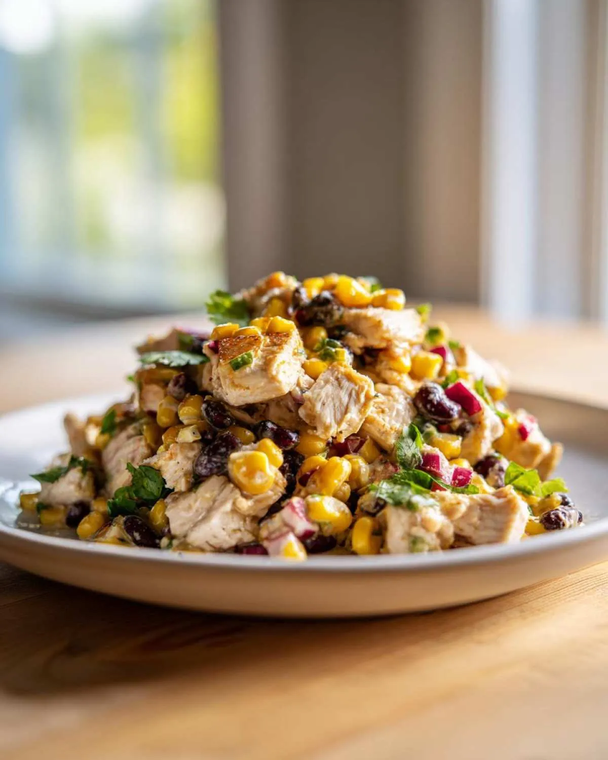 A close-up, appetizing mound of Southwestern chicken salad featuring diced chicken, yellow corn, black beans, and red onion, garnished with cilantro.