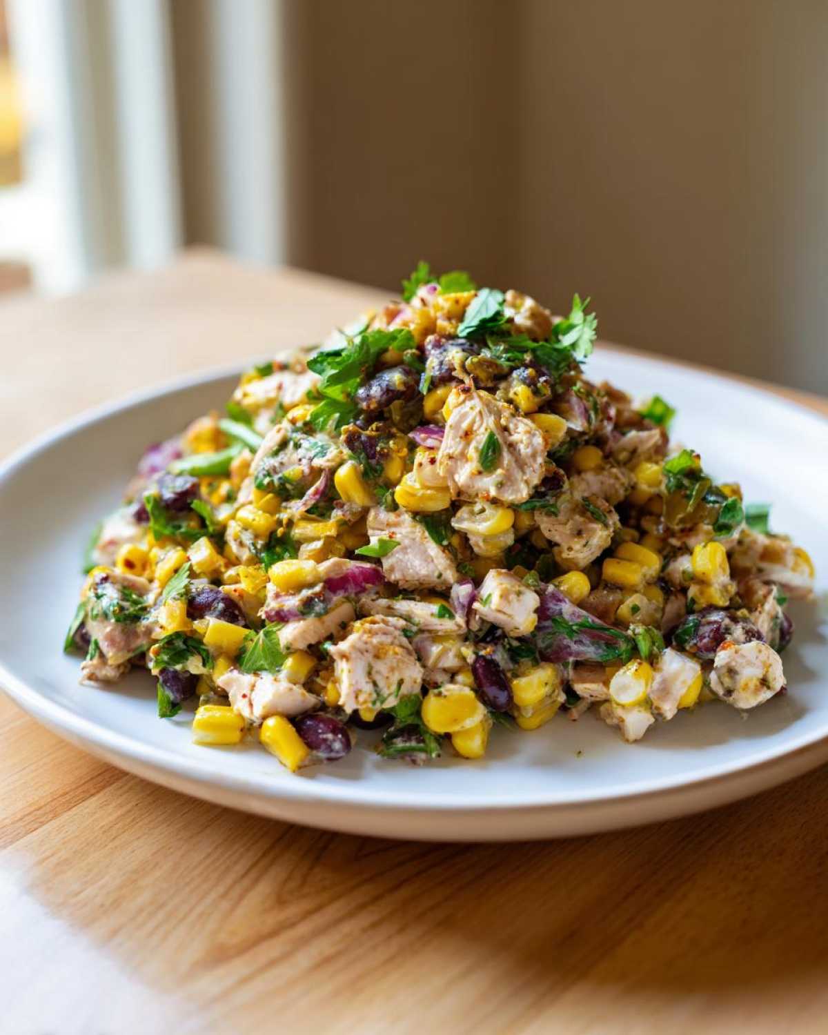 A mound of vibrant southwestern chicken salad featuring corn, black beans, chicken, and cilantro on a white plate.