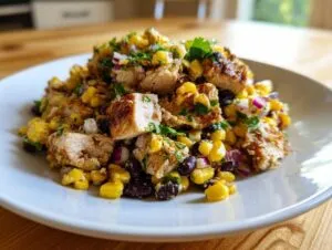 A close-up of a vibrant Southwestern chicken salad featuring grilled chicken chunks, black beans, corn, and red onion.