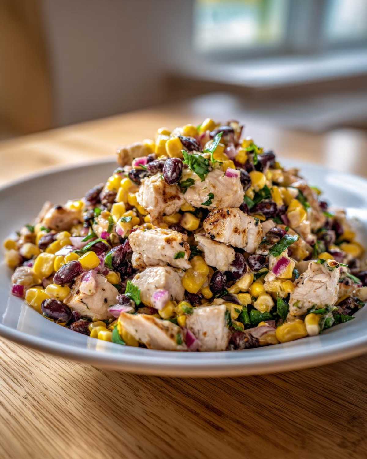 A vibrant mound of Southwestern chicken salad featuring grilled chicken chunks, corn, black beans, and red onion.