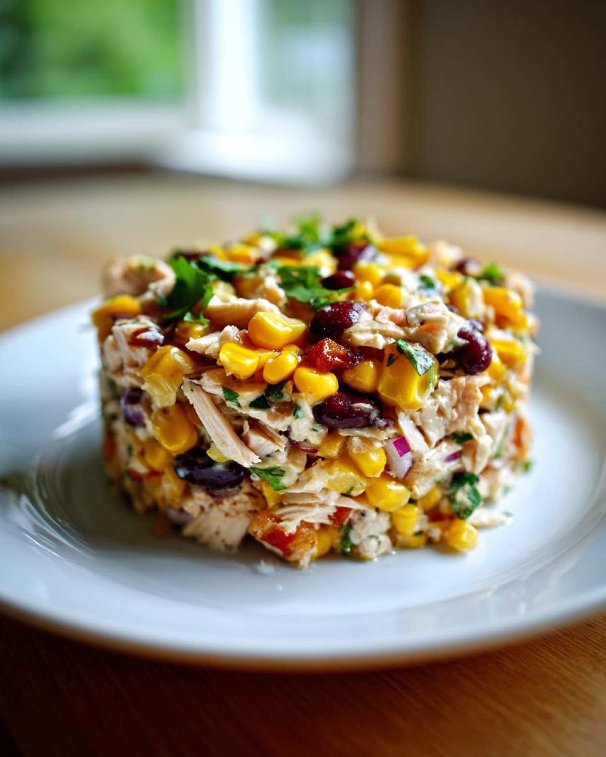 A molded serving of vibrant southwestern chicken salad featuring corn, black beans, and shredded chicken, garnished with cilantro.
