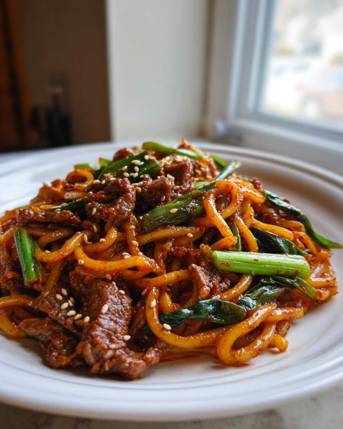 A close-up of a plate of spicy korean beef noodles mixed with sliced beef and green onions, topped with sesame seeds.