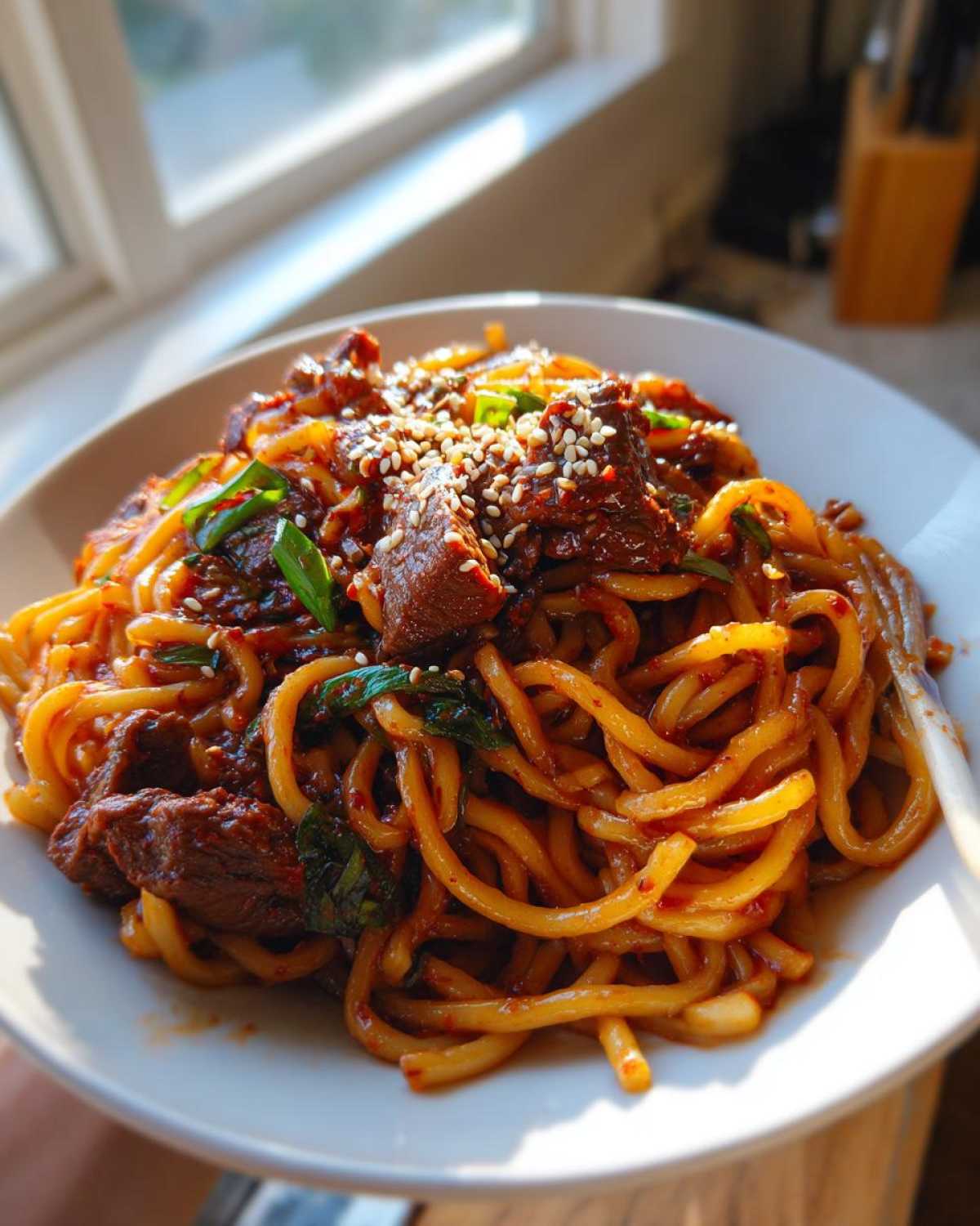 Close-up of a white bowl filled with saucy korean beef noodles, topped with sesame seeds and green onions.
