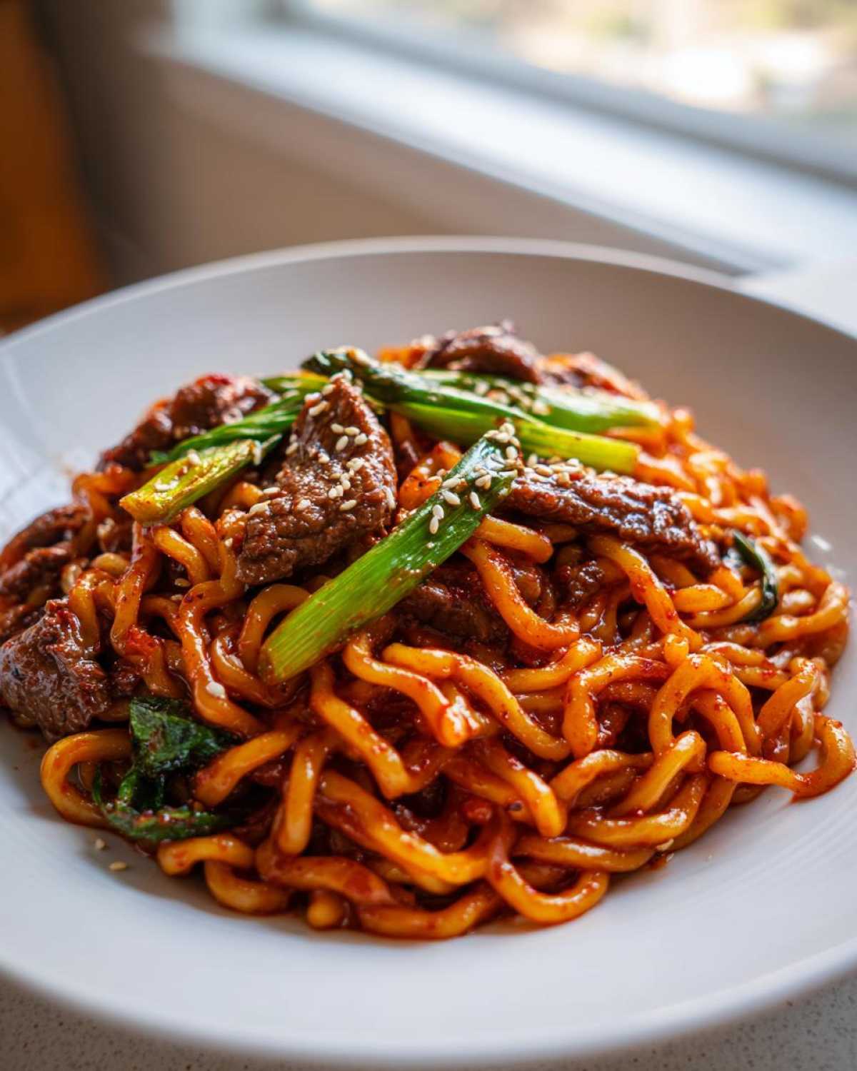 A close-up shot of a bowl of vibrant, saucy korean beef noodles topped with sliced beef and green onions, sprinkled with sesame seeds.