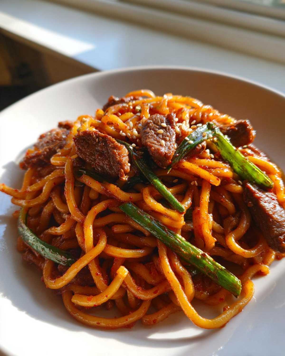 A close-up of a white bowl filled with saucy, orange-hued korean beef noodles mixed with sliced beef and green scallions, topped with sesame seeds.