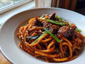 A close-up shot of spicy Korean beef noodles tossed in a rich sauce, topped with chunks of beef, green onions, and sesame seeds.