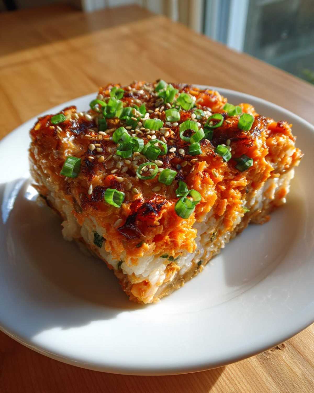 A square slice of baked spicy salmon sushi bake topped with sesame seeds and chopped green onions on a white plate.