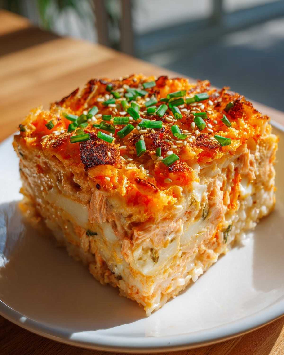 A square slice of baked spicy salmon sushi bake, layered and topped with toasted sesame seeds and fresh green chives.