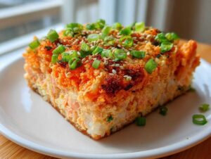 A square slice of baked spicy salmon sushi bake topped with bright orange topping, sesame seeds, and fresh green onions.
