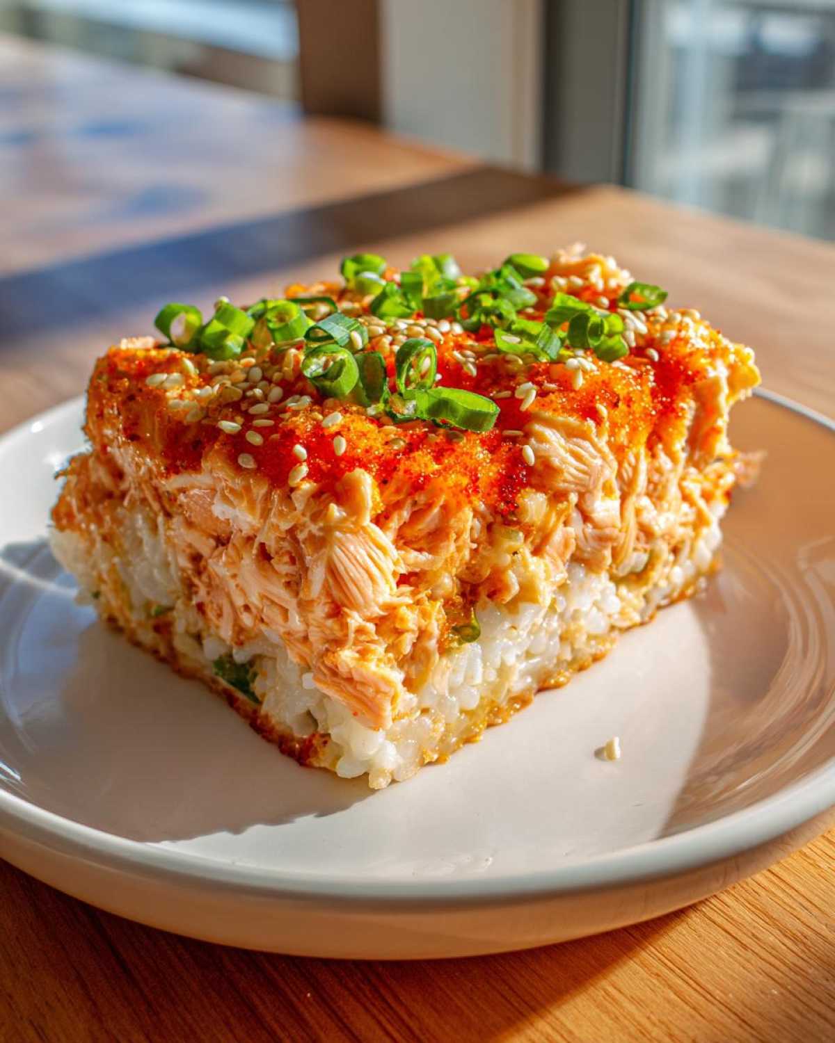 A square serving of spicy salmon sushi bake, layered with rice and topped with salmon mixture, masago, and chopped green onions.