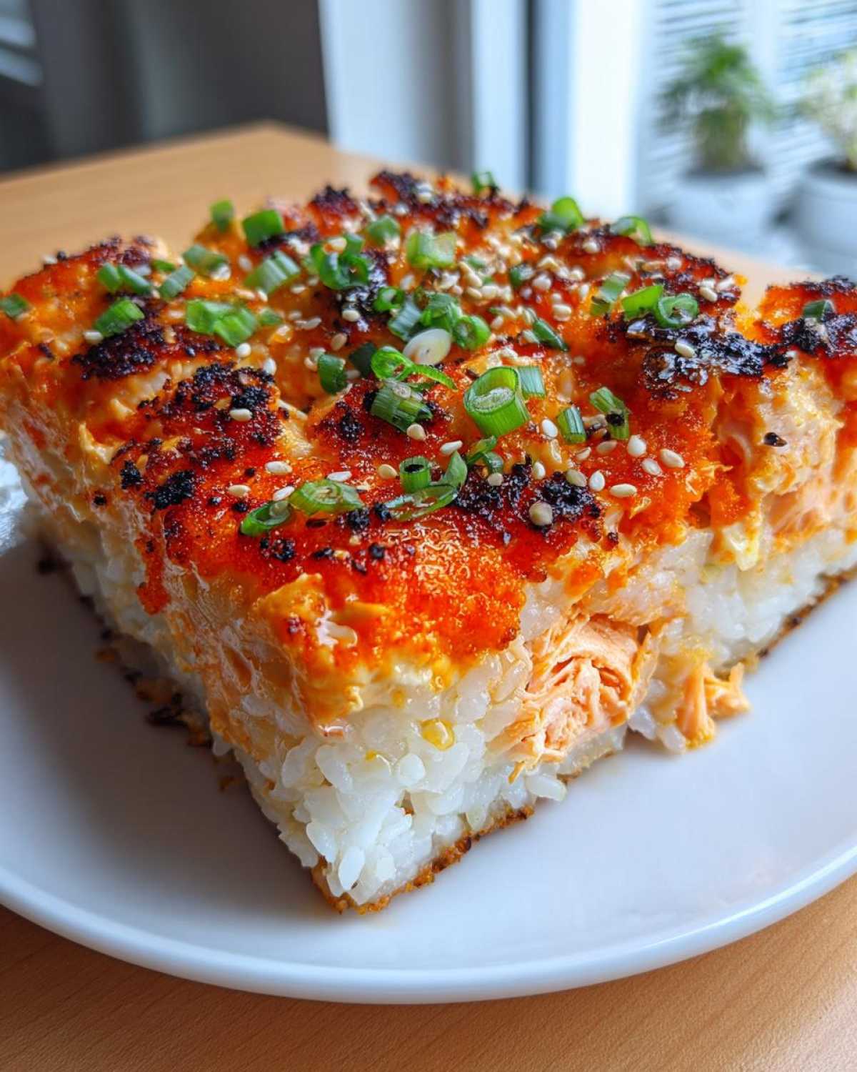 A square serving of spicy salmon sushi bake showing layers of rice, salmon, and a torched spicy topping, garnished with green onions.
