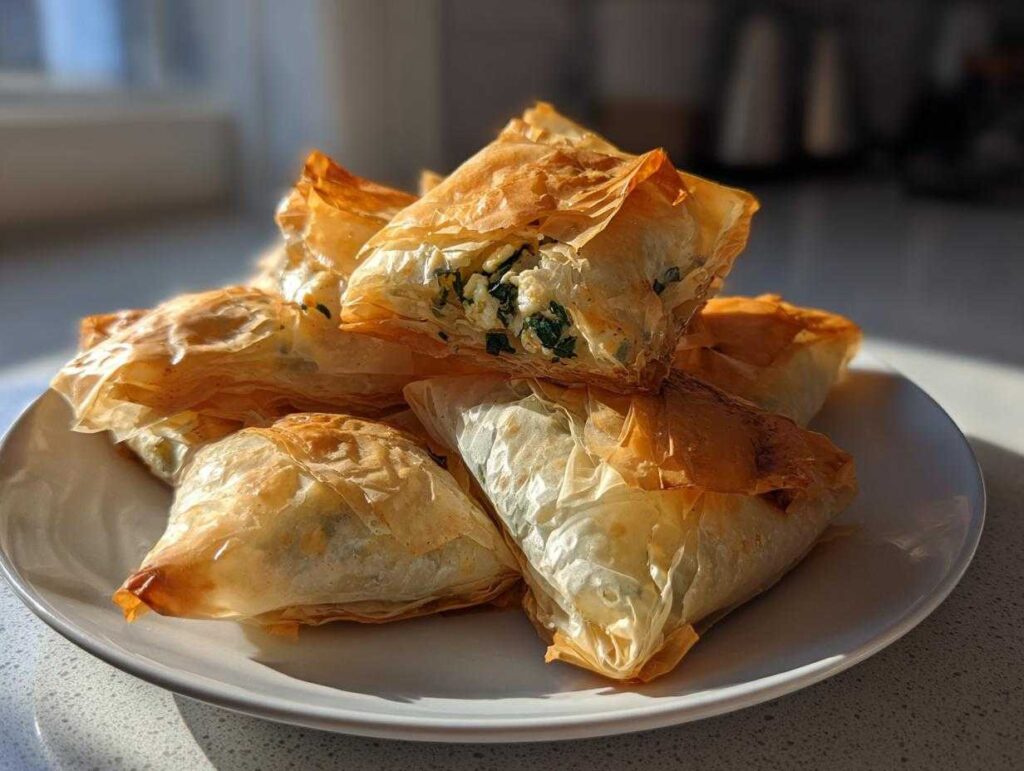 A stack of golden, flaky spinach and feta crisps baked in phyllo dough, sitting on a white plate.