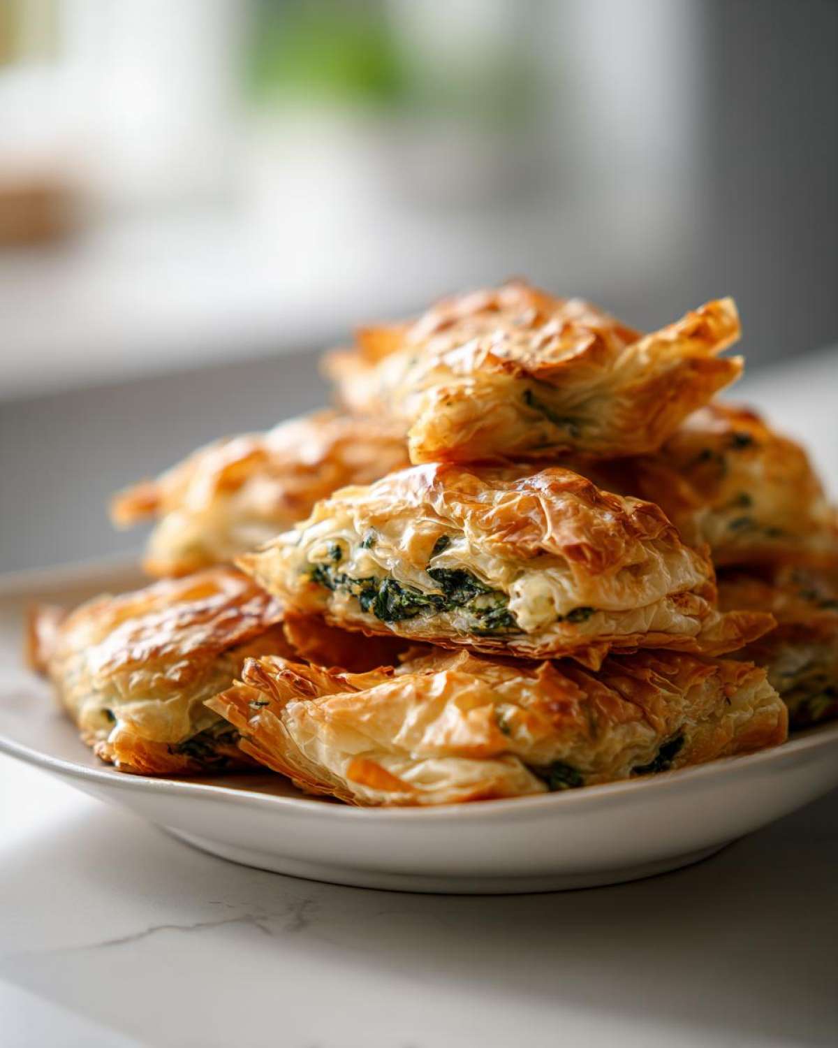 A stack of golden, flaky spinach and feta crisps with visible green filling, served on a white plate.
