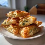 Stack of golden brown, flaky spinach and feta crisps on a white plate, showing the creamy filling.