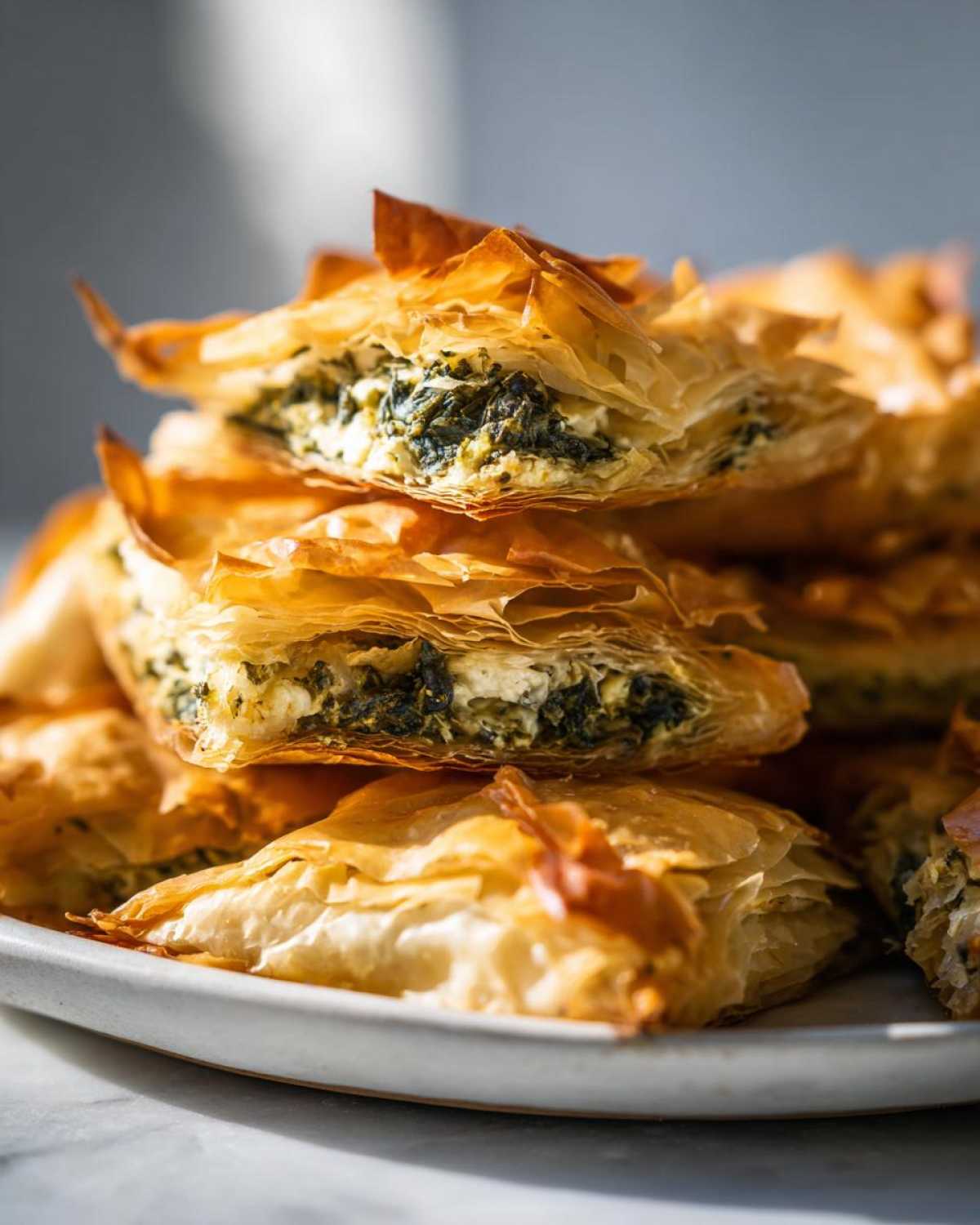 Close-up of stacked, flaky spinach and feta crisps showing the golden phyllo pastry and savory filling.