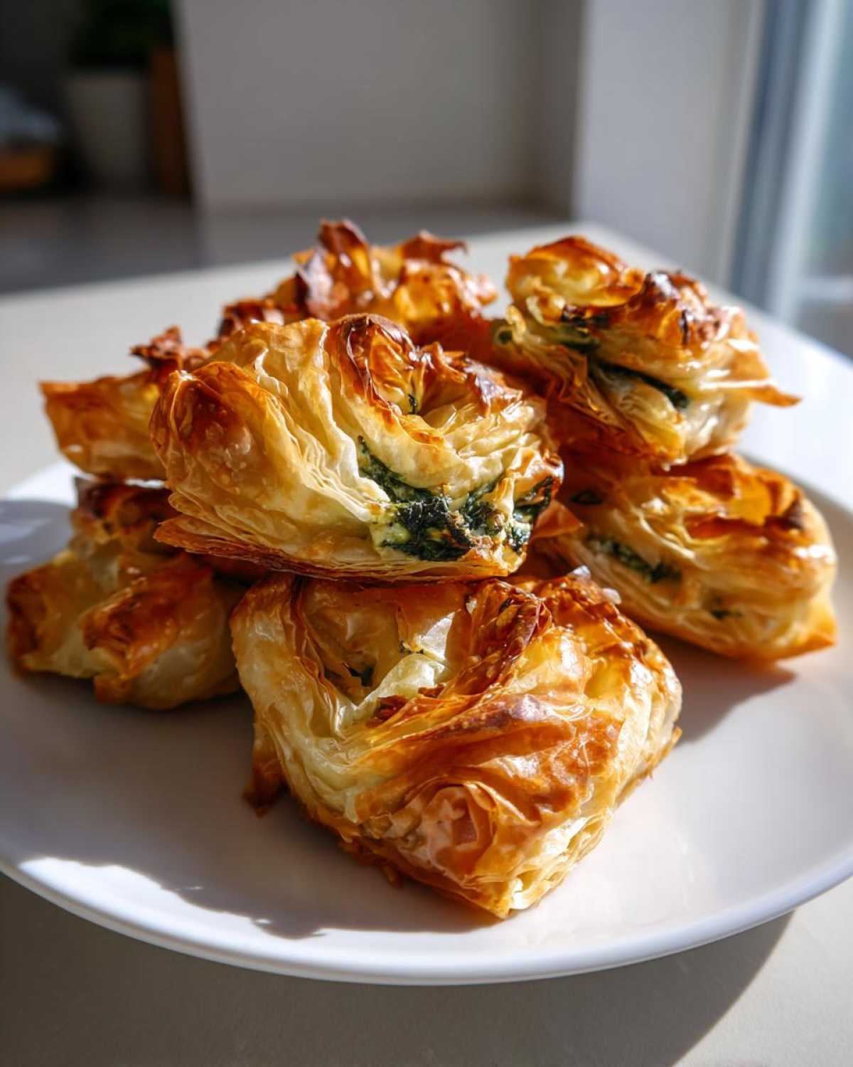 A stack of golden, flaky spinach and feta crisps made with phyllo dough, beautifully browned.