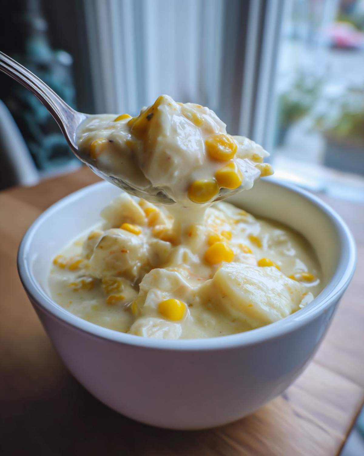 A spoonful of thick, creamy crab and corn chowder being lifted from a white bowl.