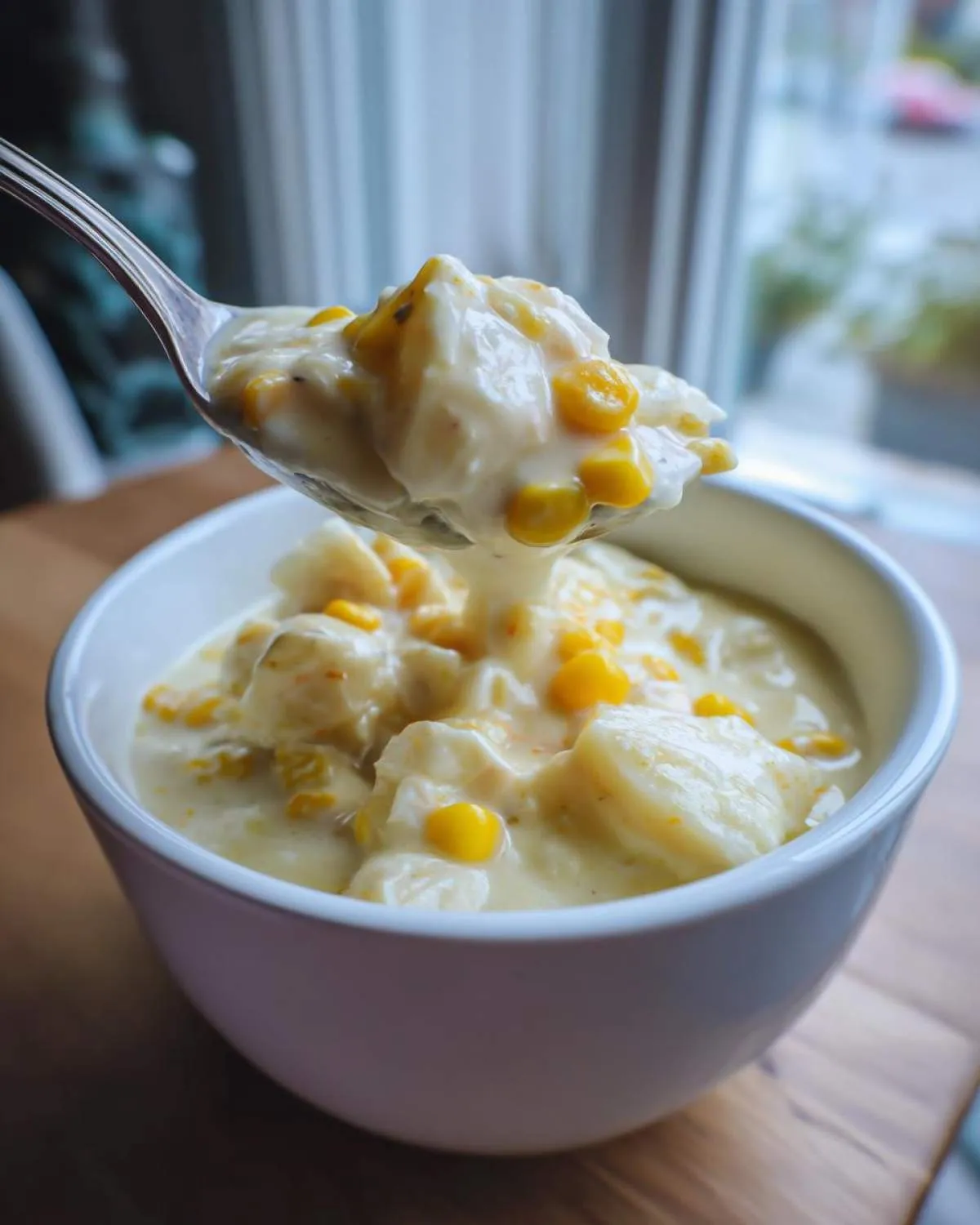A spoonful of thick, creamy crab and corn chowder being lifted from a white bowl.