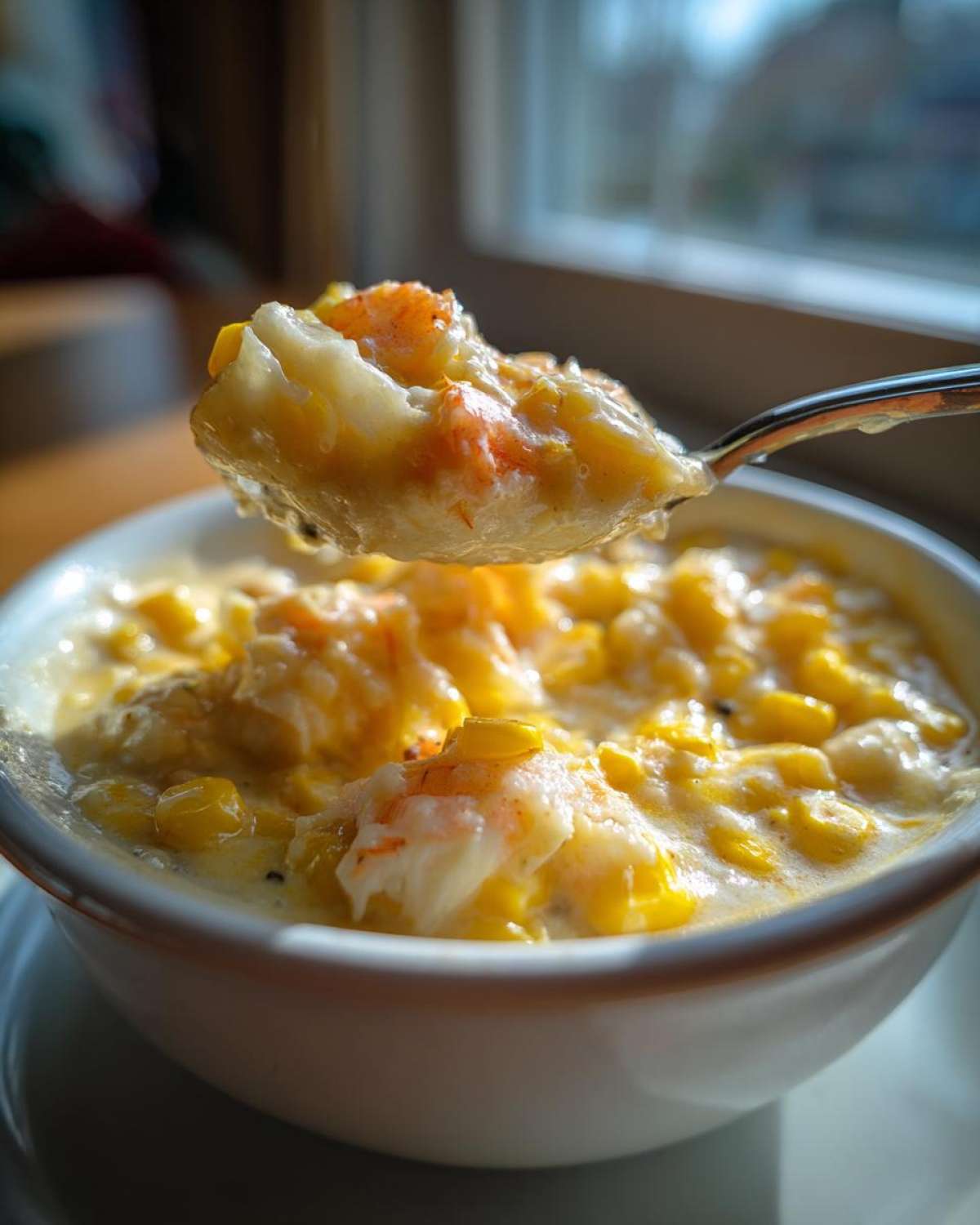 A spoonful of rich crab and corn chowder being lifted from a white bowl, highlighting chunks of crab and sweet corn.