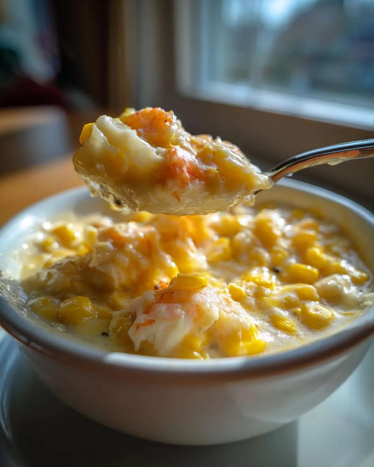 A spoonful of rich crab and corn chowder being lifted from a white bowl, highlighting chunks of crab and sweet corn.