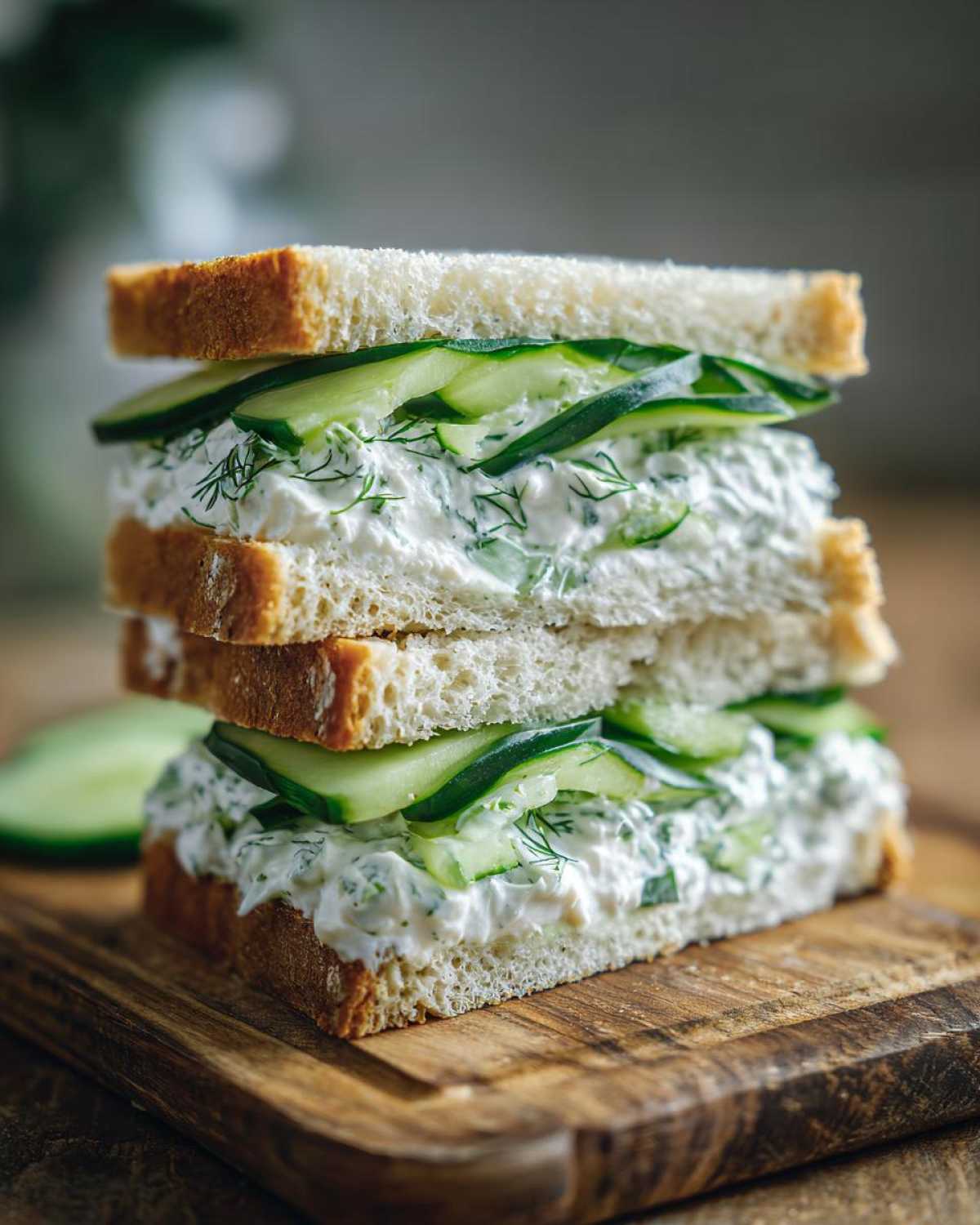 Two stacked halves of cucumber salad sandwiches featuring creamy dill filling and fresh cucumber slices on white bread.