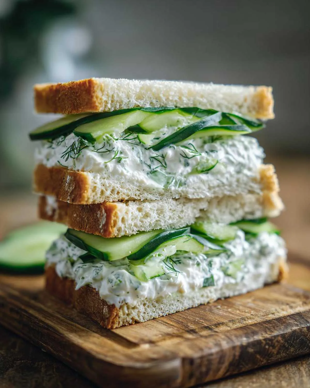 Two stacked halves of cucumber salad sandwiches featuring creamy dill filling and fresh cucumber slices on white bread.