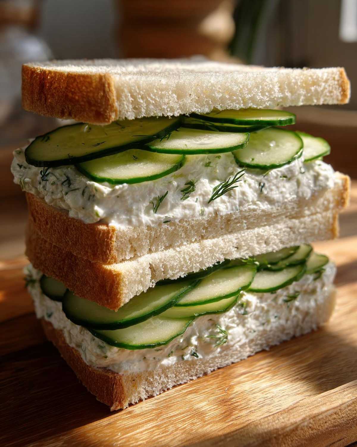 Two stacked halves of cucumber salad sandwiches made with white bread, creamy dill filling, and fresh cucumber slices.