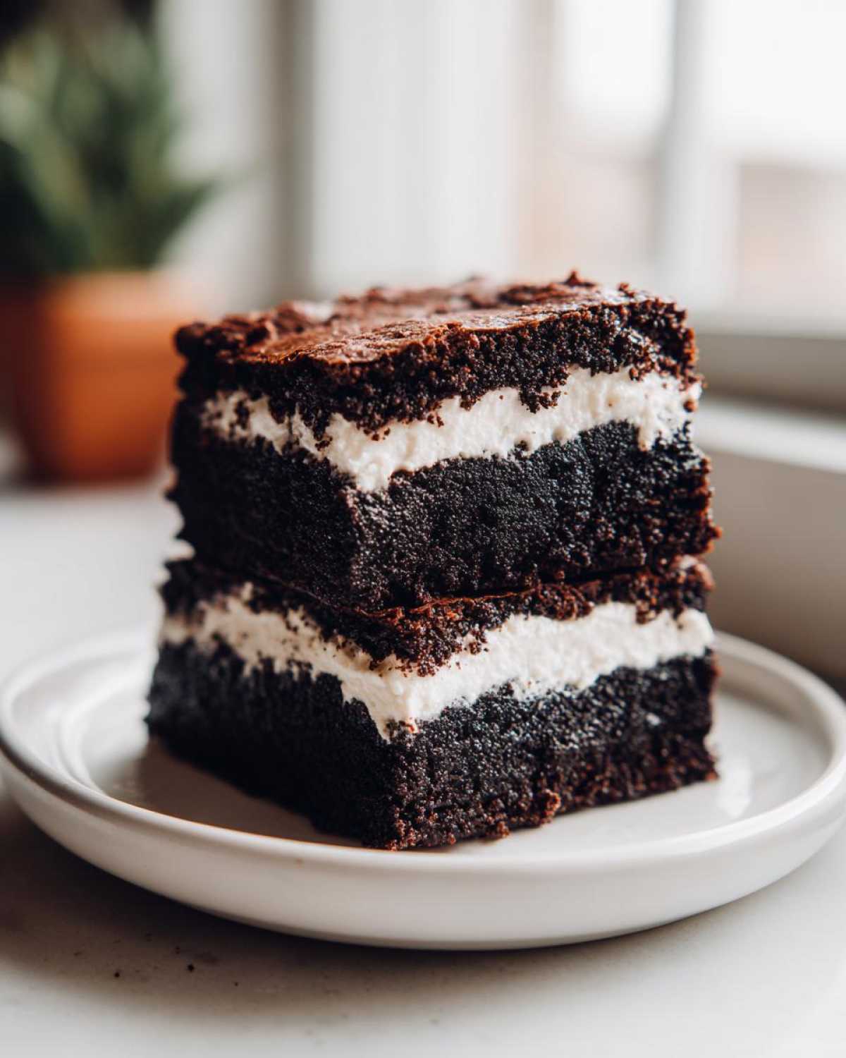 Two stacked, rich chocolate root beer float brownies separated by a thick layer of white cream filling, served on a white plate.
