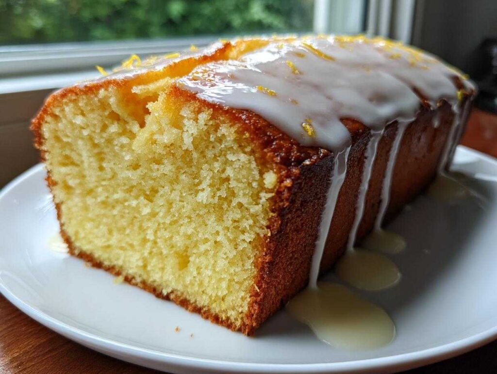 A close-up of a slice of Starbucks copycat lemon loaf, featuring a thick white glaze dripping down the side.
