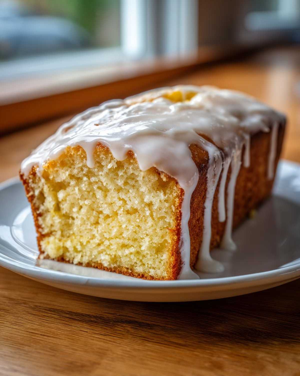 A close-up of a slice of Starbucks copycat lemon loaf, featuring a moist yellow crumb and thick white lemon glaze dripping down the sides.