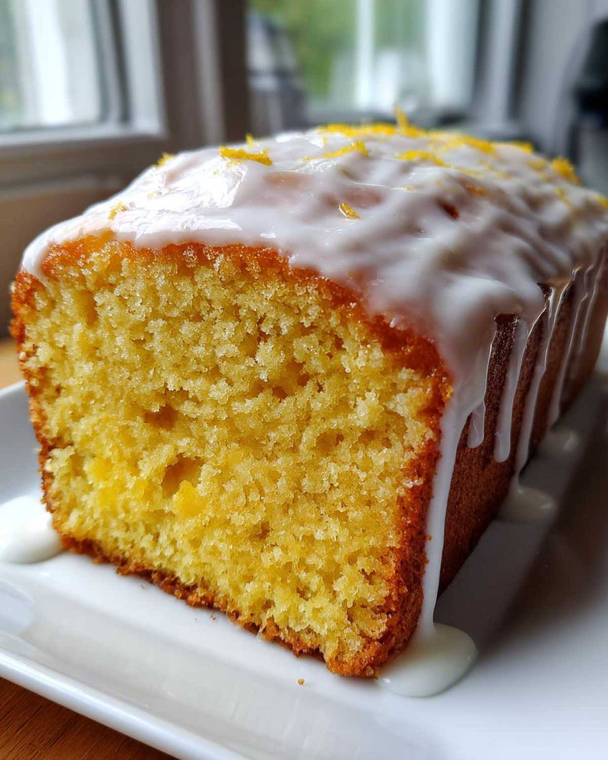 A moist slice of Starbucks copycat lemon loaf with thick white glaze dripping down the sides and lemon zest on top.