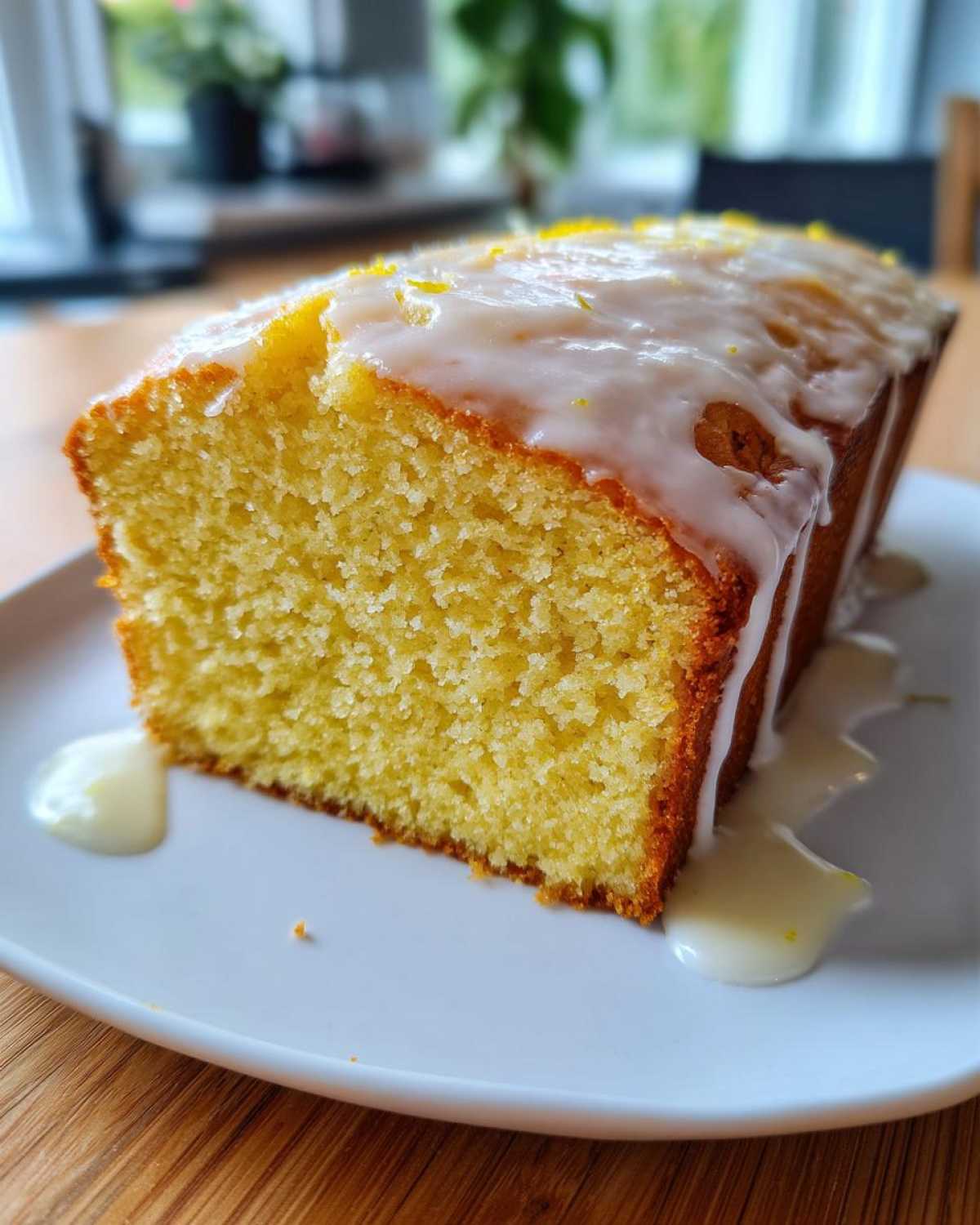 A thick slice of moist, yellow Starbucks copycat lemon loaf topped with thick white lemon glaze and zest.