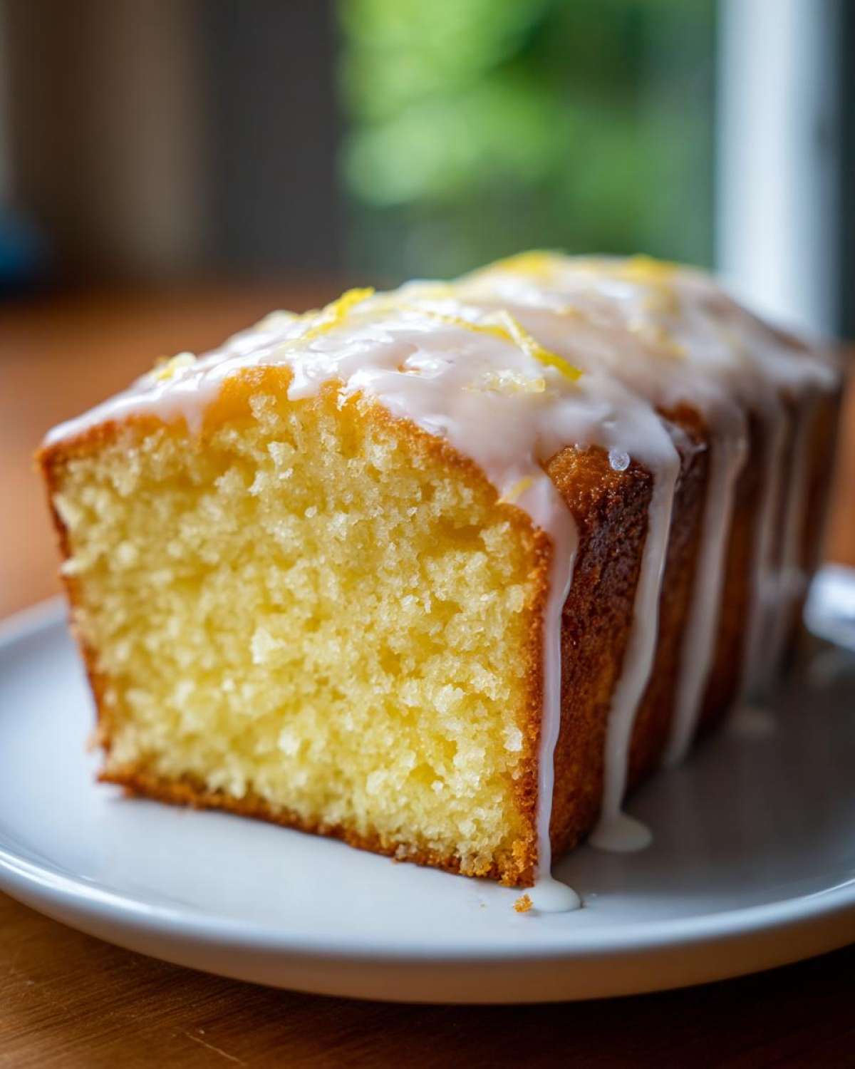 A close-up of a slice of moist Starbucks copycat lemon loaf drizzled with white icing and lemon zest.
