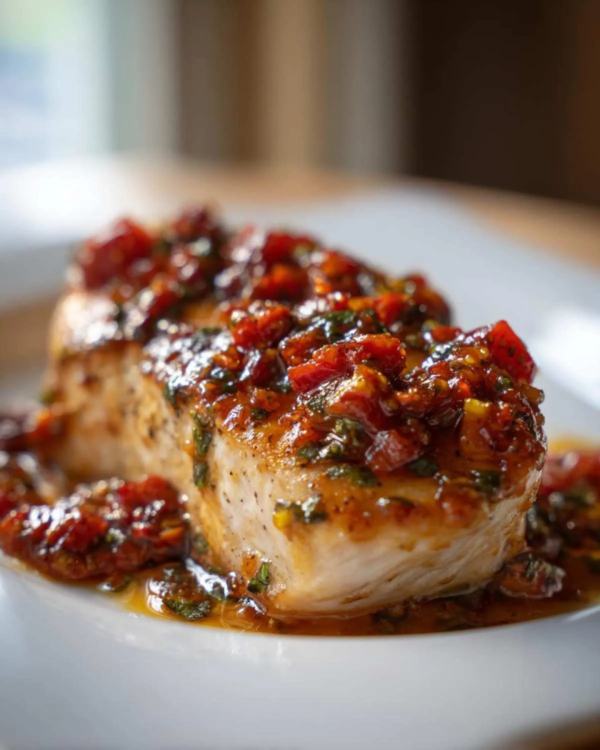 Close-up of a perfectly cooked strawberry basil chicken breast topped with a rich, chunky sauce.