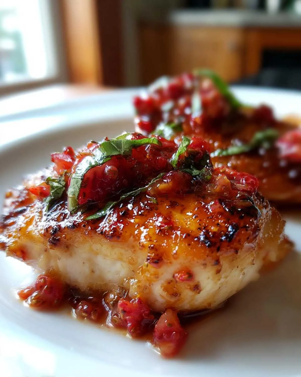 Close-up of a perfectly cooked strawberry basil chicken breast topped with a glossy strawberry glaze and fresh basil.