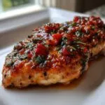 Close-up of a perfectly cooked strawberry basil chicken breast covered in a glossy, chunky sauce with visible basil pieces.