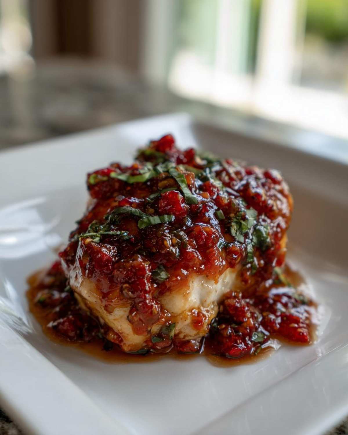 Close-up of a juicy chicken breast topped with a thick, glossy strawberry basil sauce.