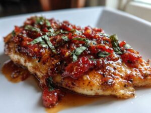 Close-up of a perfectly cooked strawberry basil chicken fillet topped with a chunky, glossy red sauce and fresh basil.