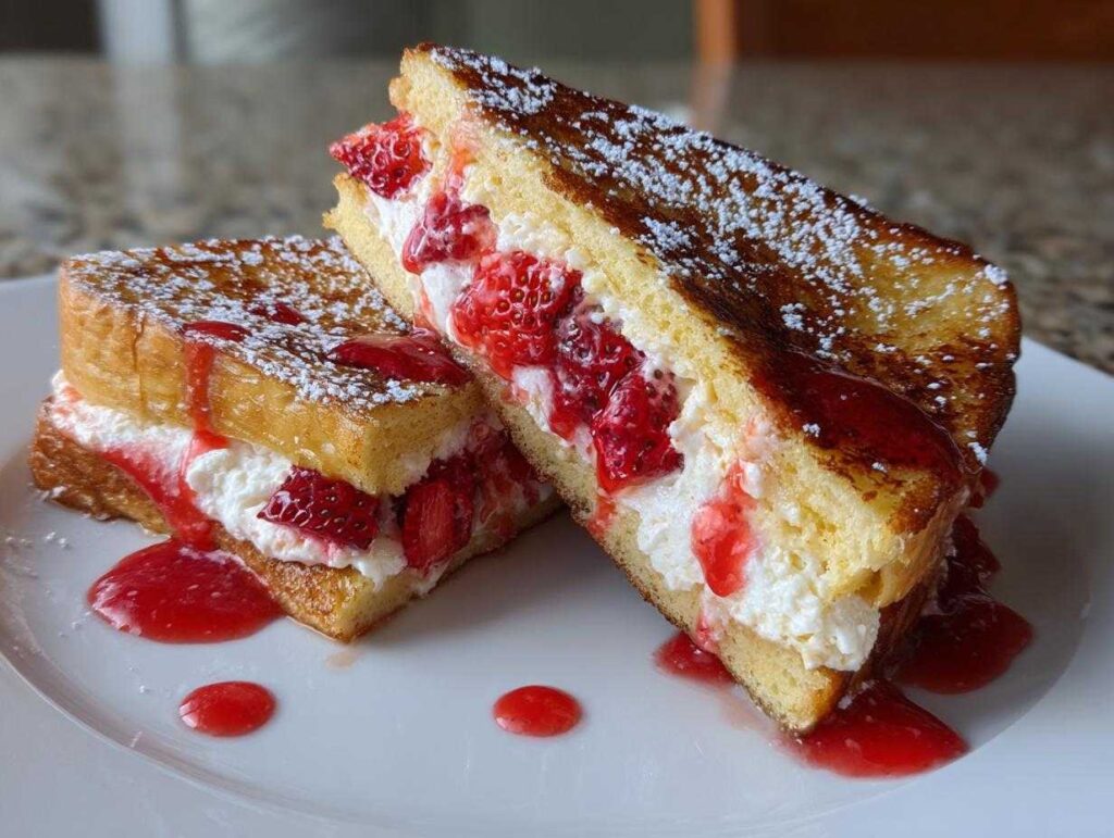 Two halves of strawberry cheesecake stuffed french toast stacked, filled with cream and strawberries, drizzled with sauce.